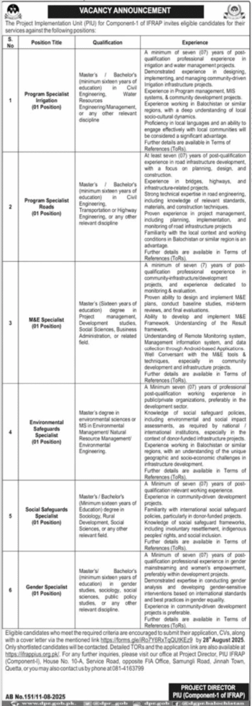 Interested applicants should their all educational Certificates, copy of identity card, passport size photos, experience letters and phone number at the address Office of Project Director PIU IFRAP House Number 10 A Service Road Opposite FIA Office Samungi Road Jinnah Town Quetta or you may also be contact us at the number 081-4163799.